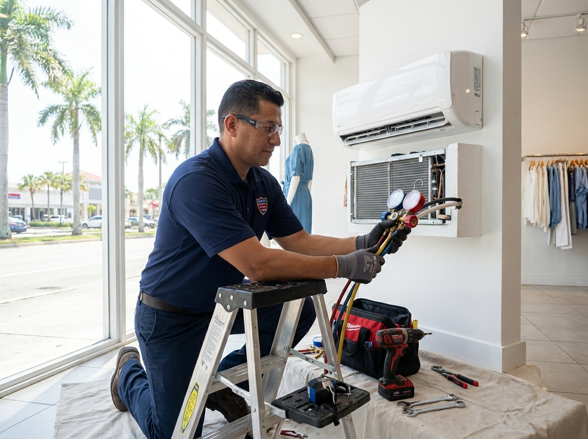 Técnico de Meridiano instalando un equipo de aire acondicionado en un local comercial