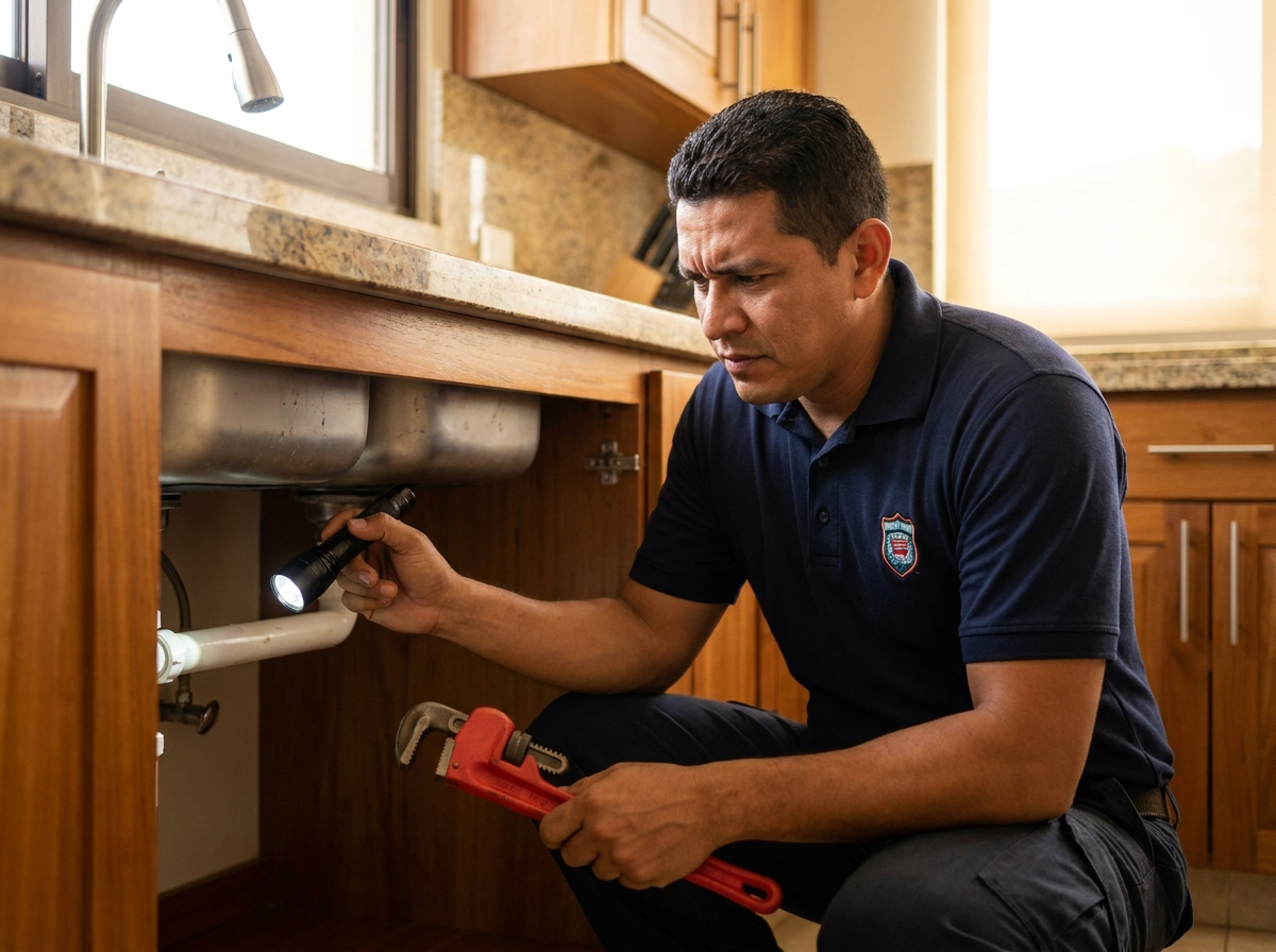 Técnico de Meridiano reparando una fuga de agua en una vivienda