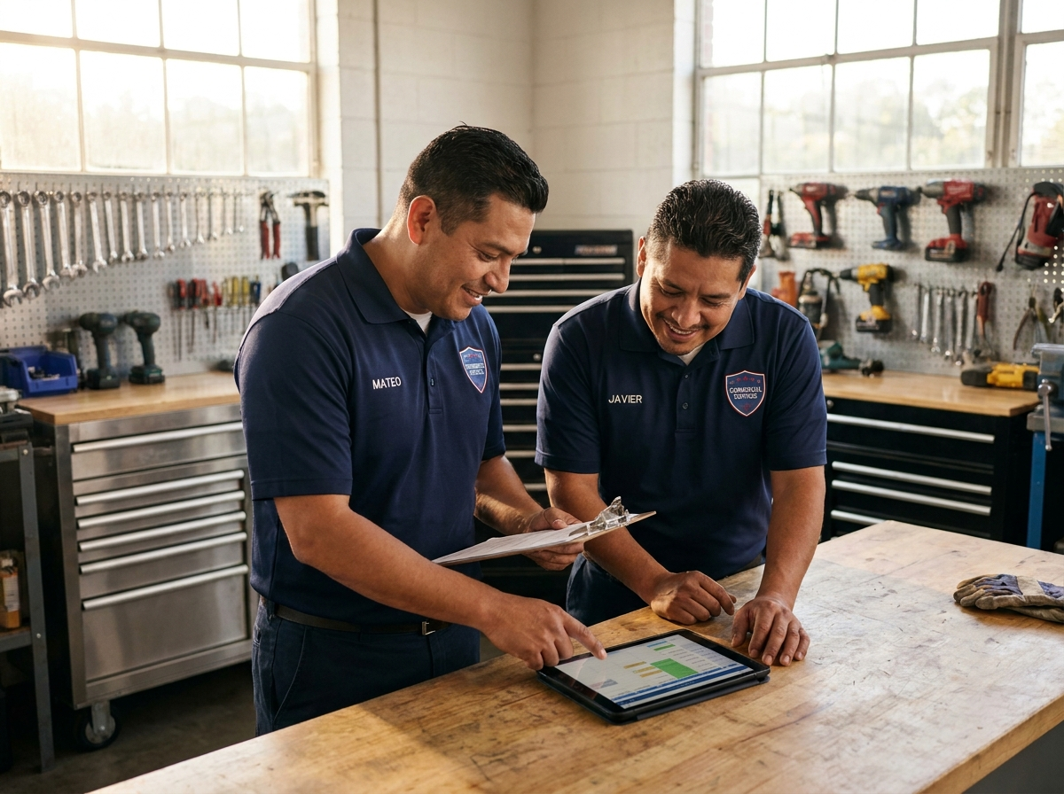Técnicos de Meridiano Servicios Técnicos en una reunión de coordinación matutina en el taller
